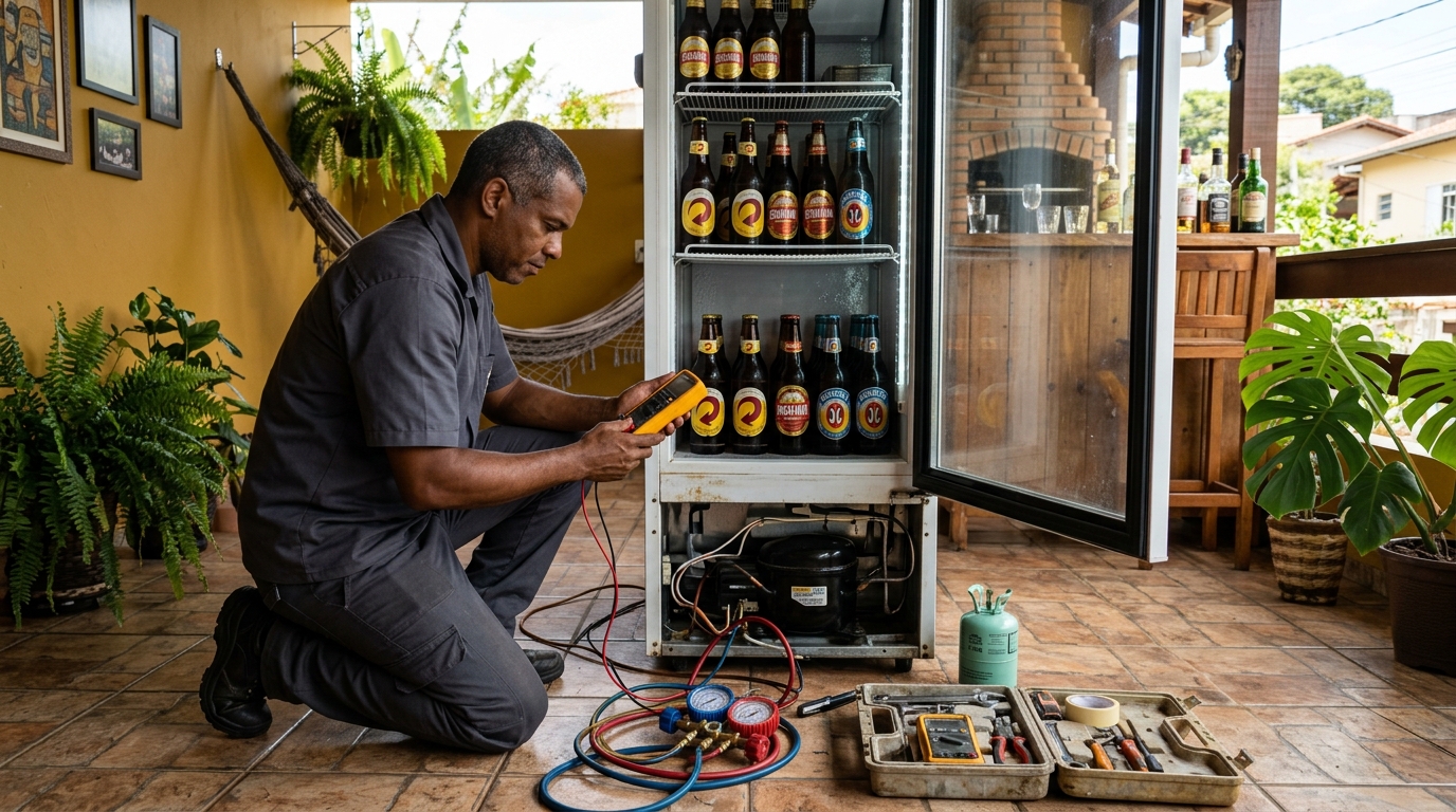 Placa eletrônica de cervejeira em reparo na bancada em Vitória da Conquista‑BA