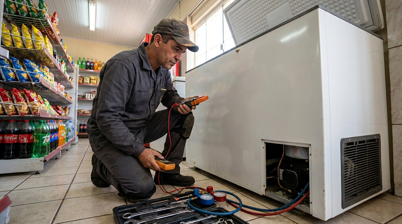 Reparo da placa eletrônica de um freezer em atendimento em Vitória da Conquista‑BA