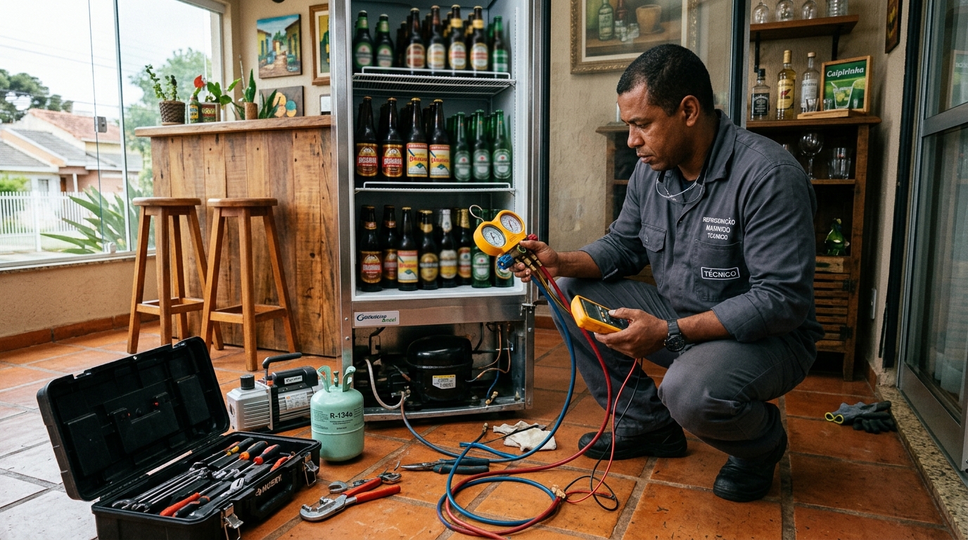 Técnico revisando o motor de uma cervejeira durante chamado em Vitória da Conquista‑BA