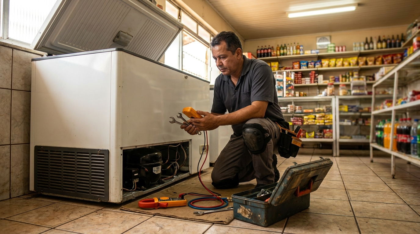 Técnico reparando o motor de um freezer horizontal em Vitória da Conquista‑BA