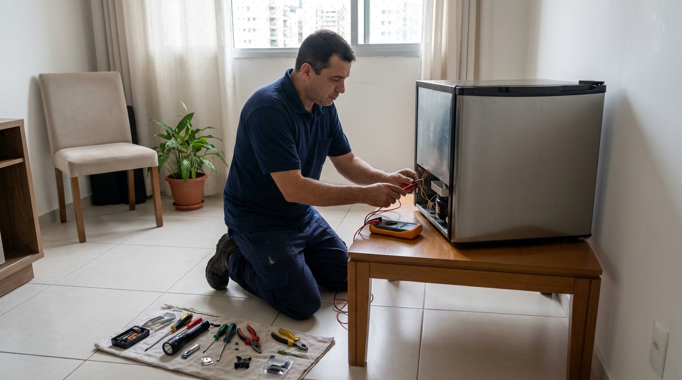 Técnico revisando o motor de um frigobar em Vitória da Conquista‑BA